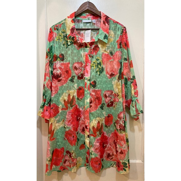 Susan Graver Dresses & Skirts - Susan Graver Womens Shirt 1XP Floral Metallic Sheer Button Tunic Romantic Garden